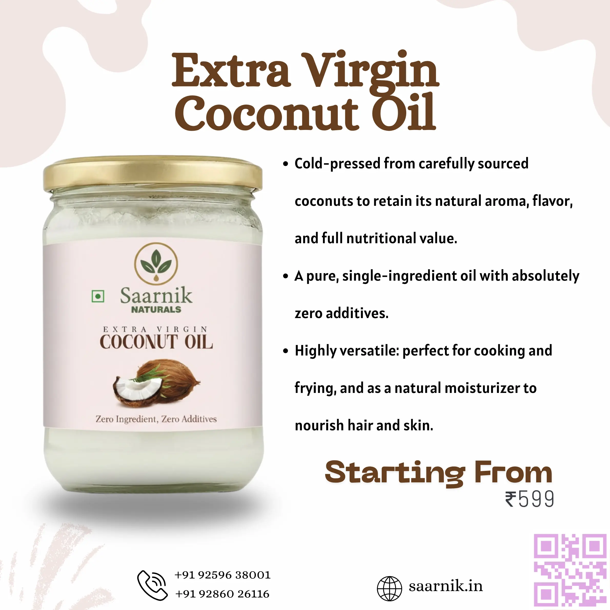 Extra Virgin Cold Pressed Coconut Oil - For Cooking, Hair & Skin - 500ml Saarnik Naturals