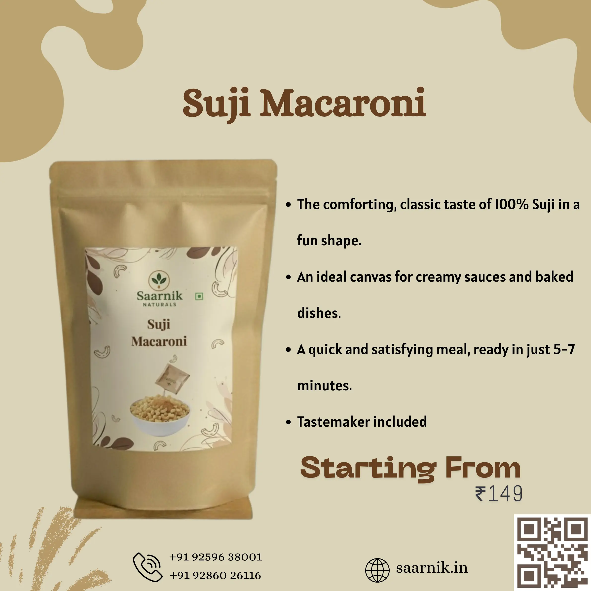 Suji Macaroni (400g) – No Maida, High Protein & Fibre Semolina Pasta Saarnik Naturals