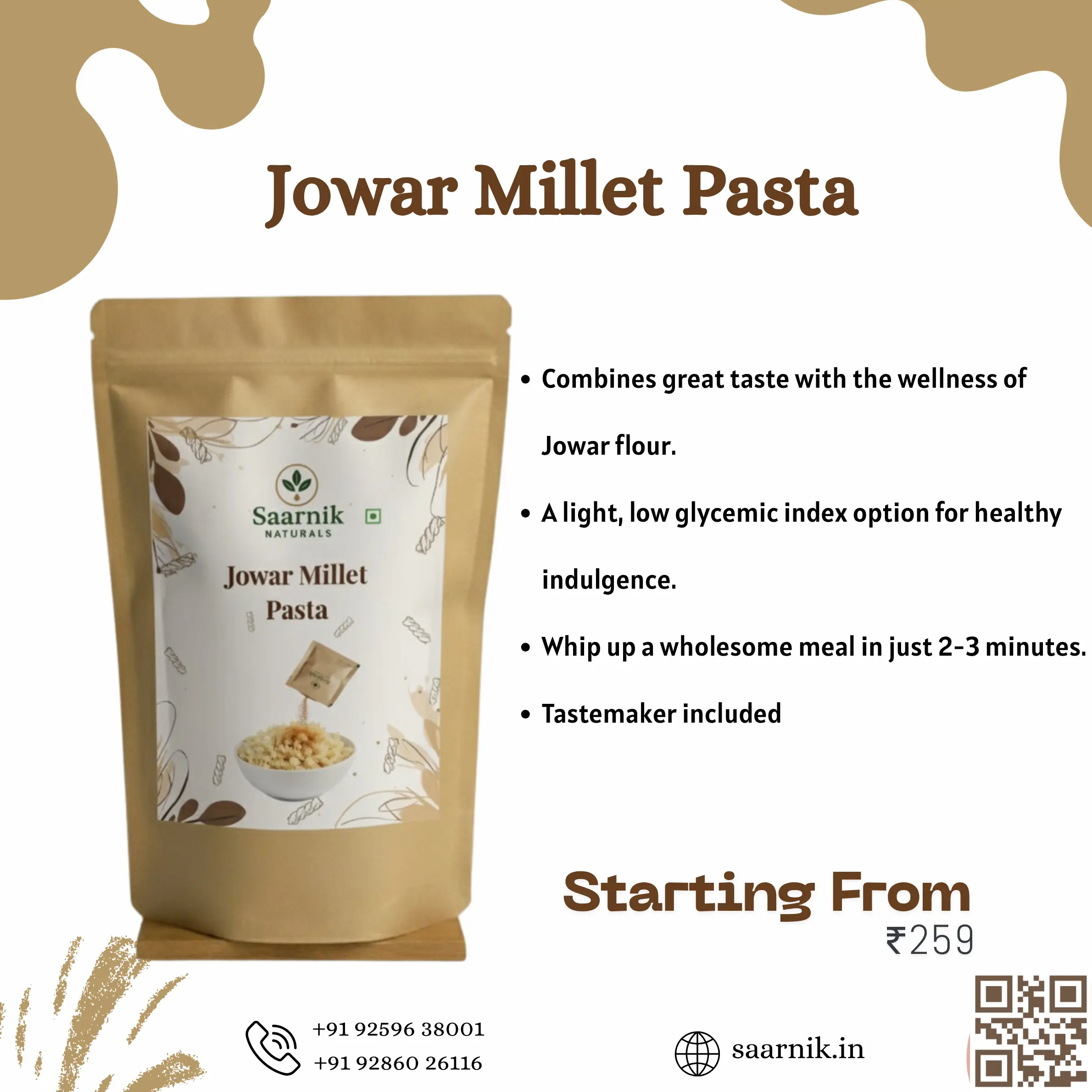 Jowar Millet Pasta – High Iron & Calcium, No Maida, Healthy Sorghum Pasta Saarnik Naturals