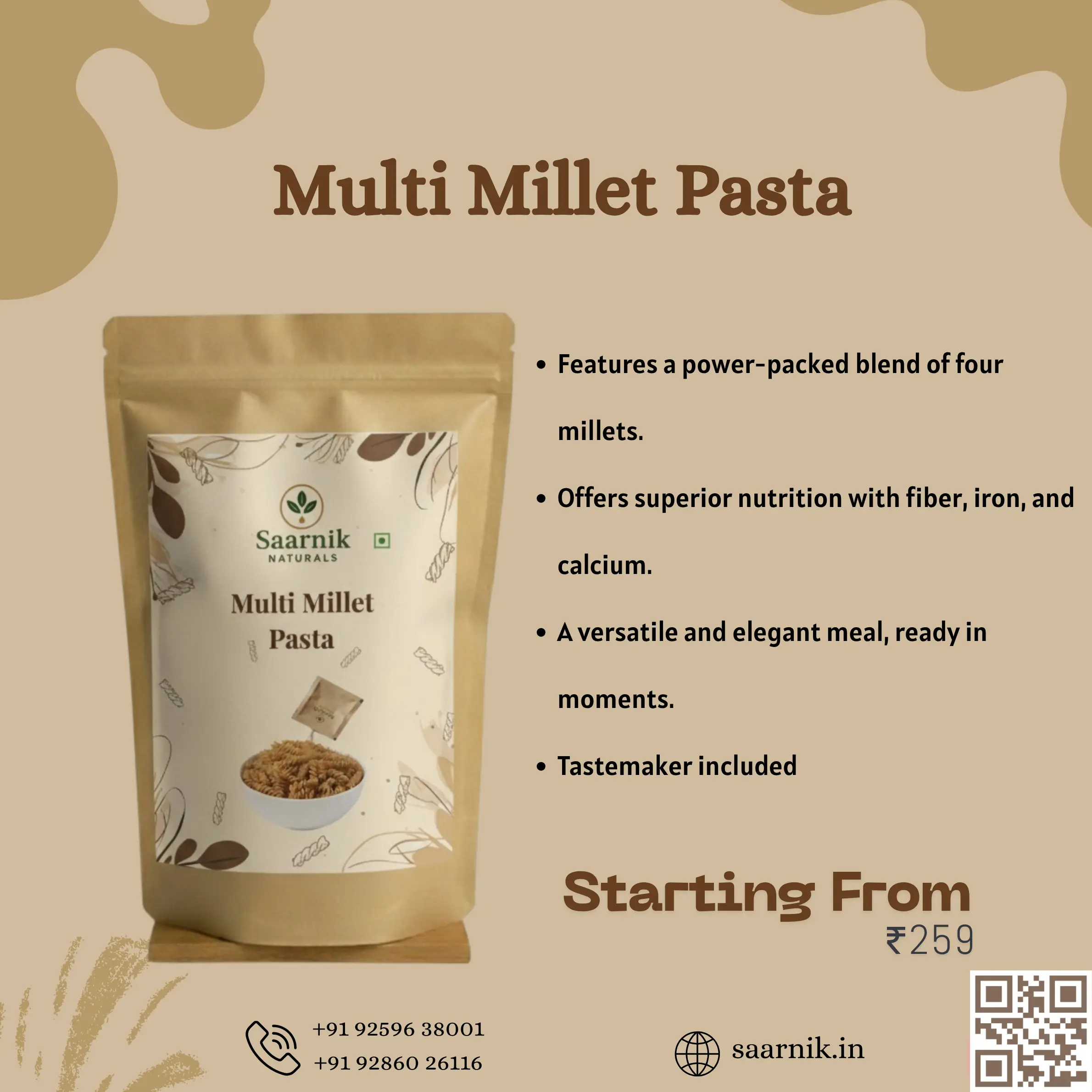 Multi Millet Pasta – No Maida, Blend of 4 Millets & Suji, High Fibre Saarnik Naturals