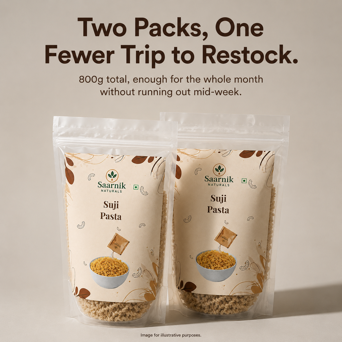 Saarnik Naturals Suji Pasta Pack of 2 | 400g Each, 800g Total | 100% Suji, No Maida | Kid-Friendly Everyday Pasta | Ready in 5-7 Minutes