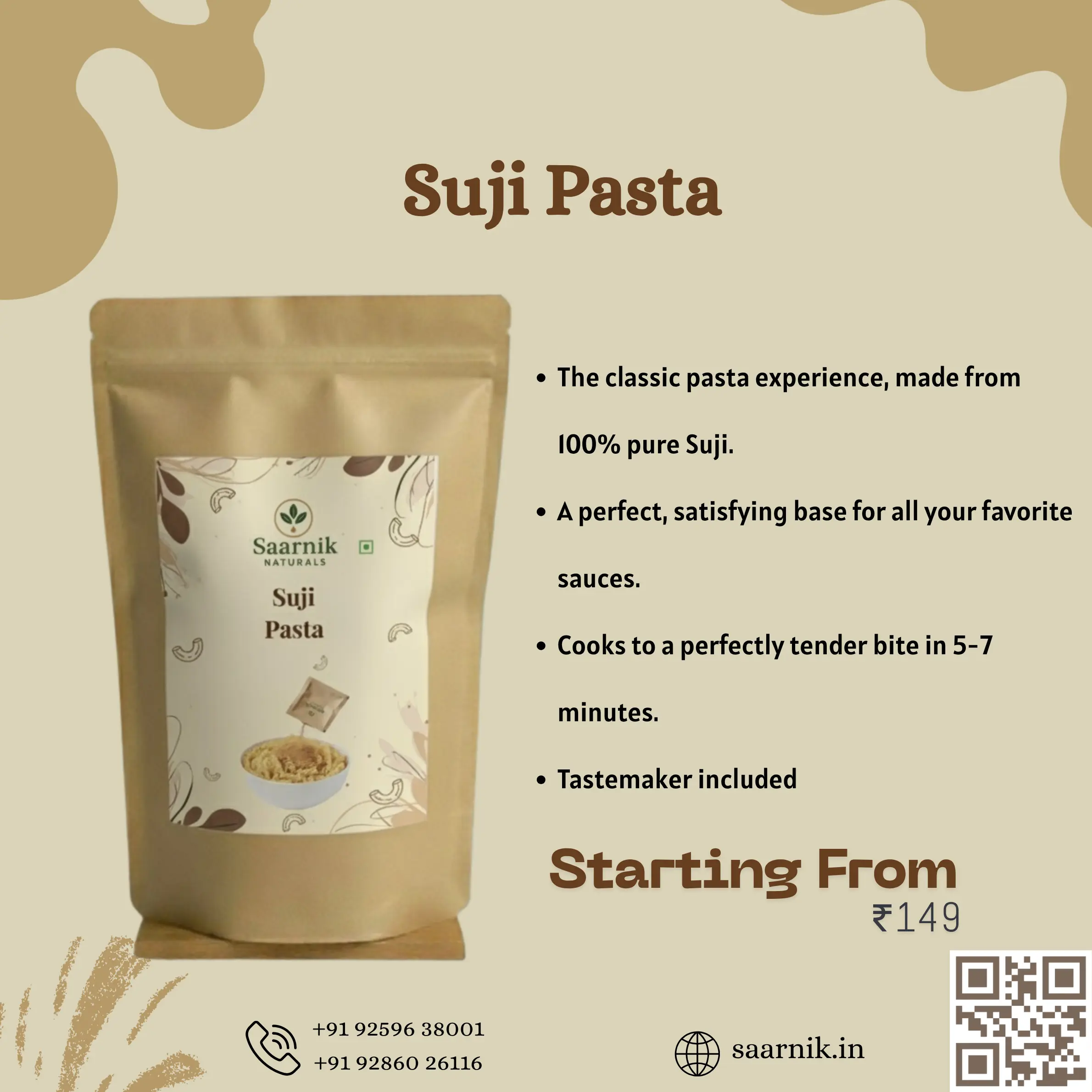 Suji Pasta (400g) – No Maida, High Protein & Fibre Semolina Macaroni Saarnik Naturals