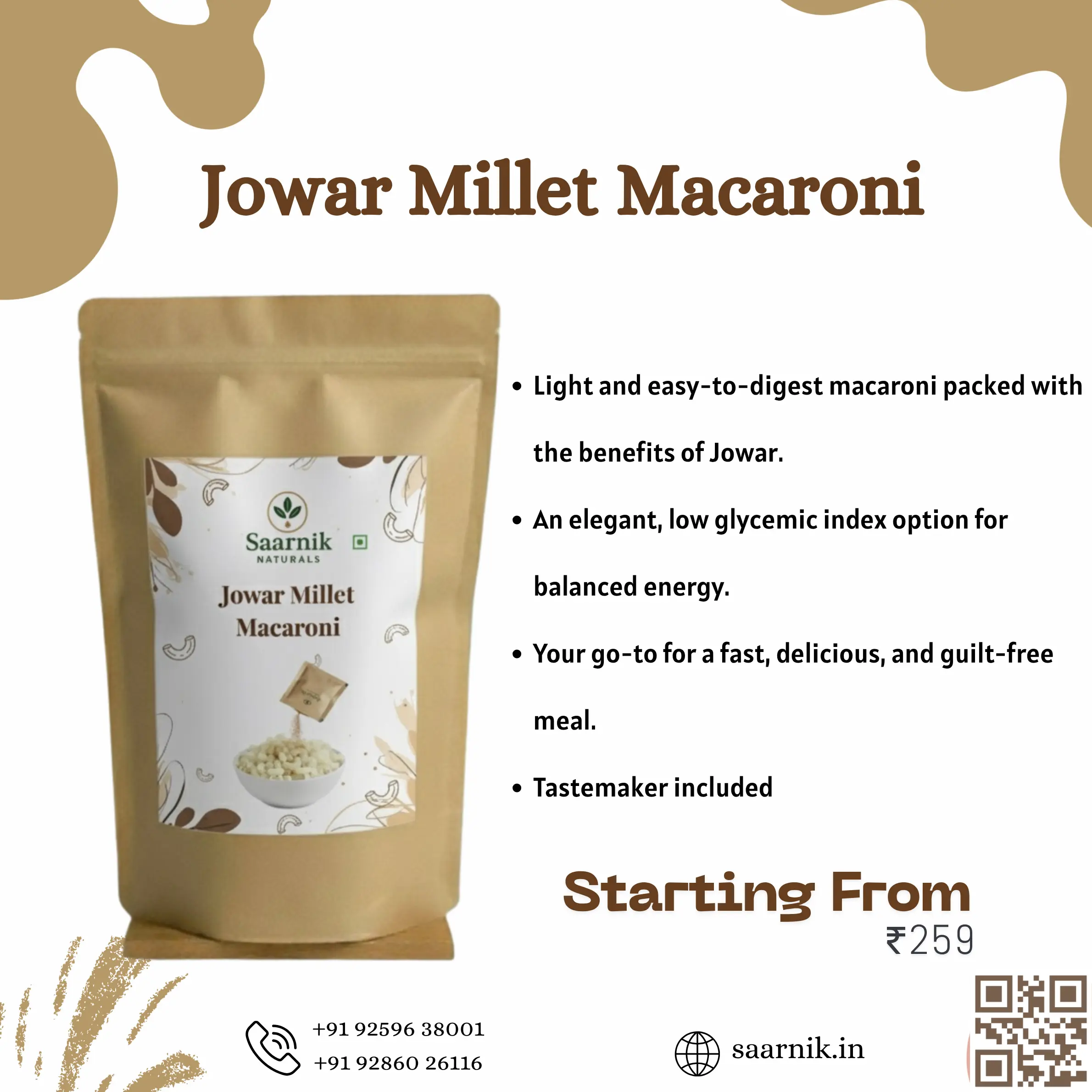 Jowar Millet Macaroni – High Iron & Calcium, No Maida, Healthy Sorghum Pasta Saarnik Naturals