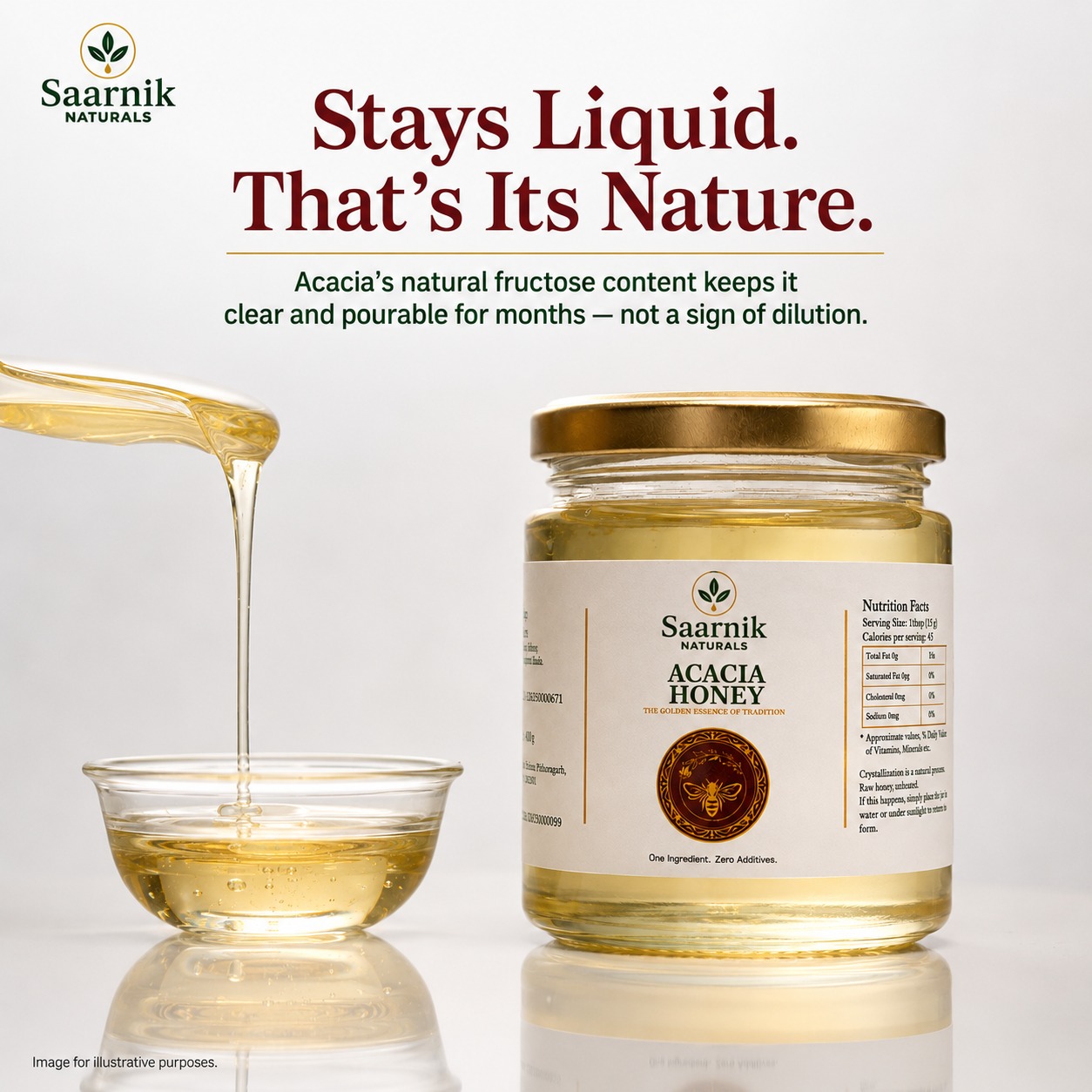 Saarnik Naturals Premium Raw Acacia Honey | Single Flower, Liquid 250gm