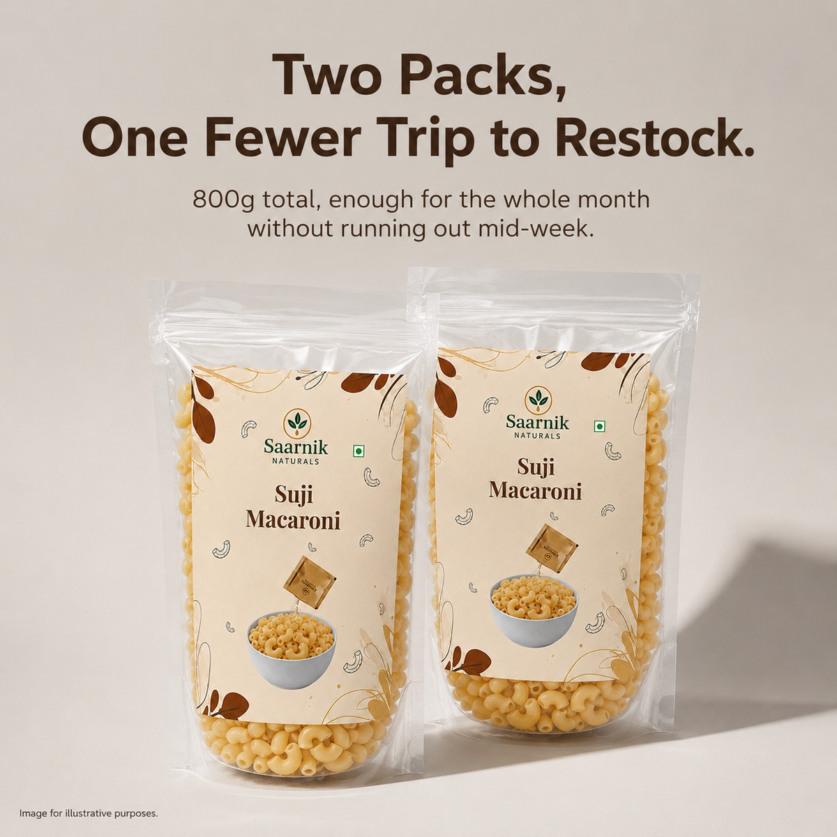 Saarnik Naturals Suji Macaroni Pack of 2 | 400g Each, 800g Total | 100% Suji, No Maida | Kid-Friendly Everyday Pasta | Ready in 5-7 Minutes