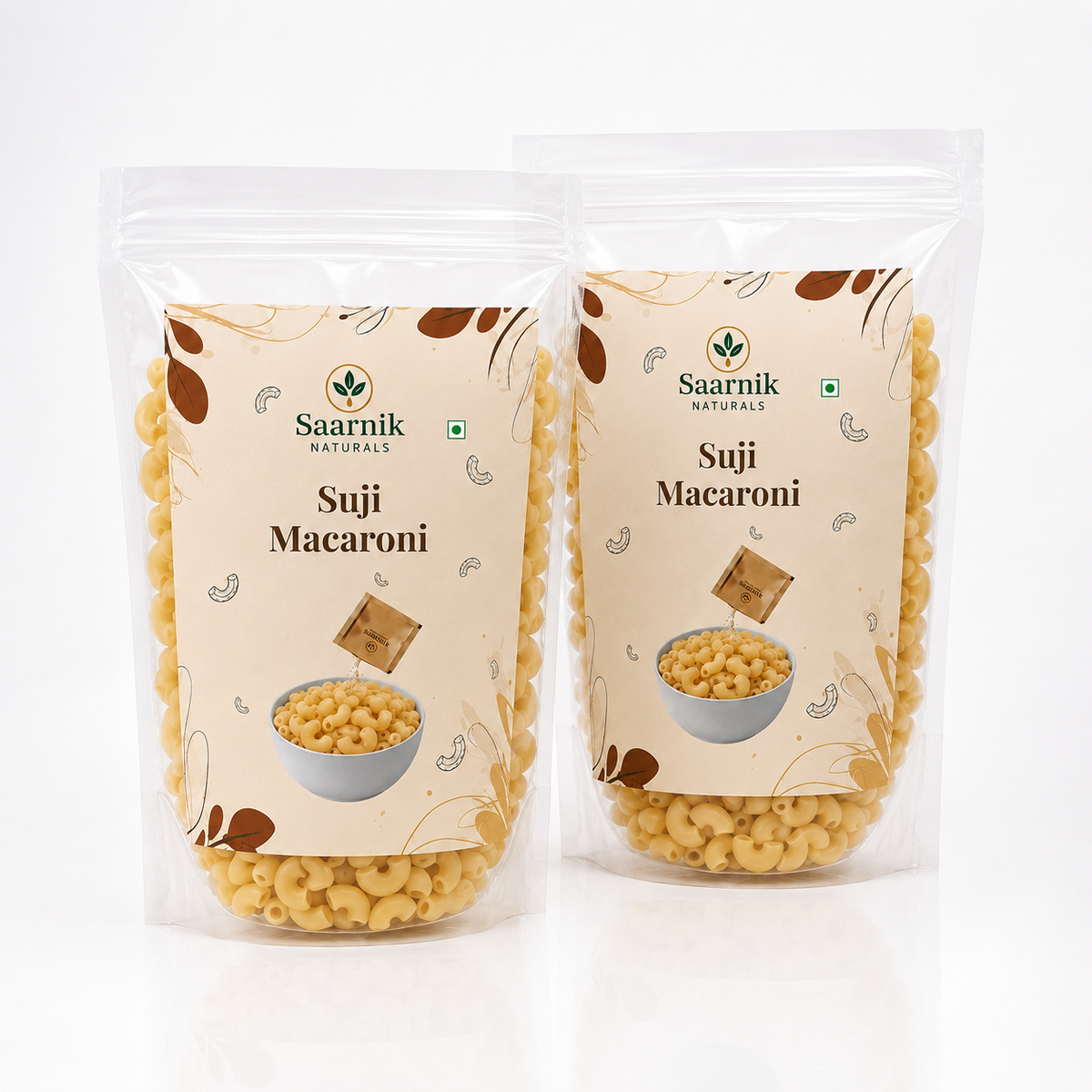 Saarnik Naturals Suji Macaroni Pack of 2 | 400g Each, 800g Total | 100% Suji, No Maida | Kid-Friendly Everyday Pasta | Ready in 5-7 Minutes