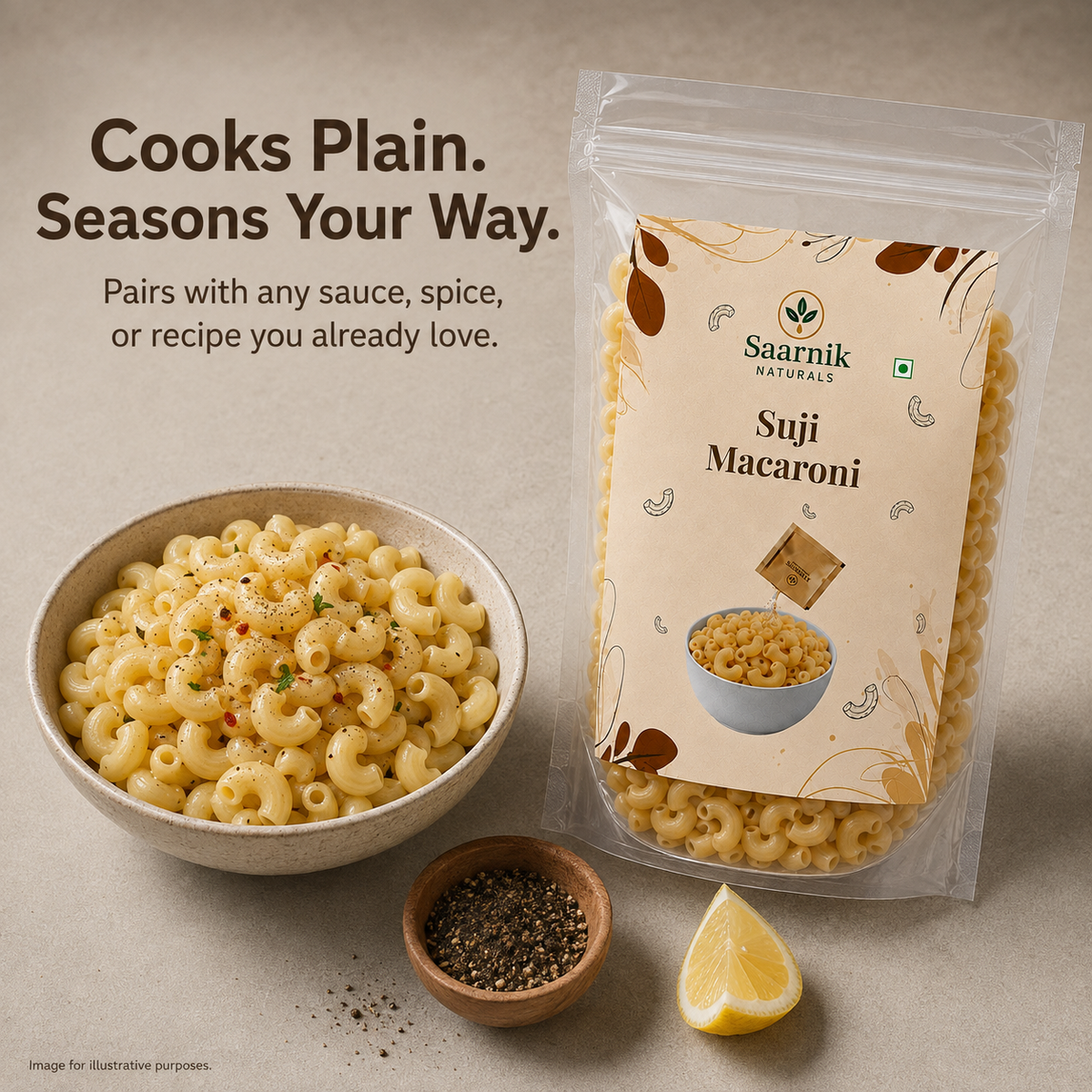 Saarnik Naturals Suji Macaroni Pack of 2 | 400g Each, 800g Total | 100% Suji, No Maida | Kid-Friendly Everyday Pasta | Ready in 5-7 Minutes