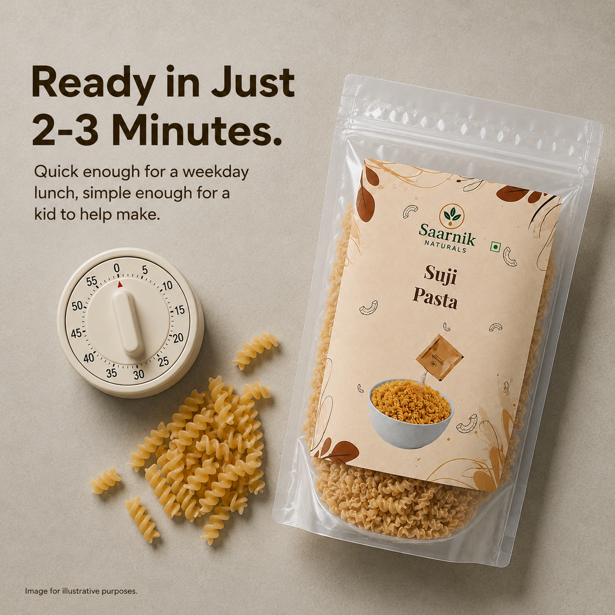 Saarnik Naturals Suji Pasta Pack of 2 | 400g Each, 800g Total | 100% Suji, No Maida | Kid-Friendly Everyday Pasta | Ready in 5-7 Minutes