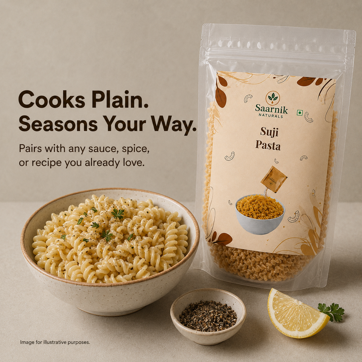 Saarnik Naturals Suji Pasta Pack of 2 | 400g Each, 800g Total | 100% Suji, No Maida | Kid-Friendly Everyday Pasta | Ready in 5-7 Minutes