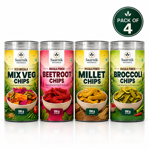 Saarnik Naturals Assorted Vegetable Chips Combo Pack of 4 | Mix Veg, Beetroot, Millets & Broccoli | 100% Real Vegetables, No Potato | No Palm Oil | 600g