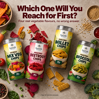 Saarnik Naturals Assorted Vegetable Chips Combo Pack of 4 | Mix Veg, Beetroot, Millets & Broccoli | 100% Real Vegetables, No Potato | No Palm Oil | 600g