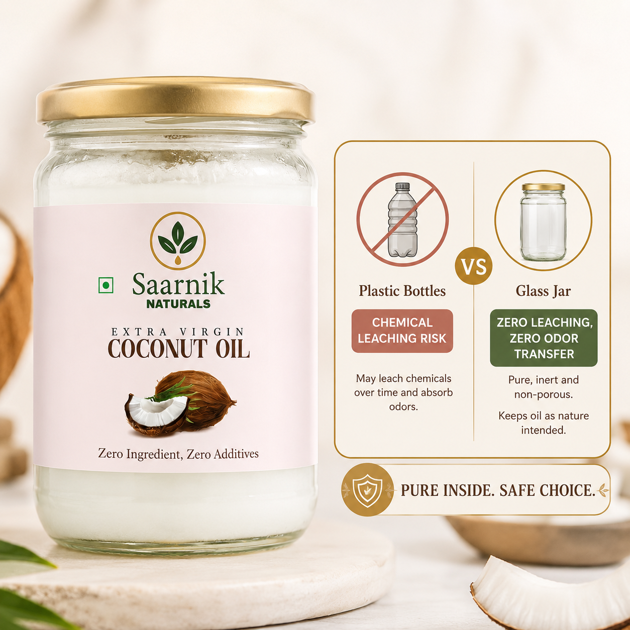 A jar of Saarnik Naturals Extra Virgin Coconut Oil next to an informational graphic comparing plastic bottles and glass jars.