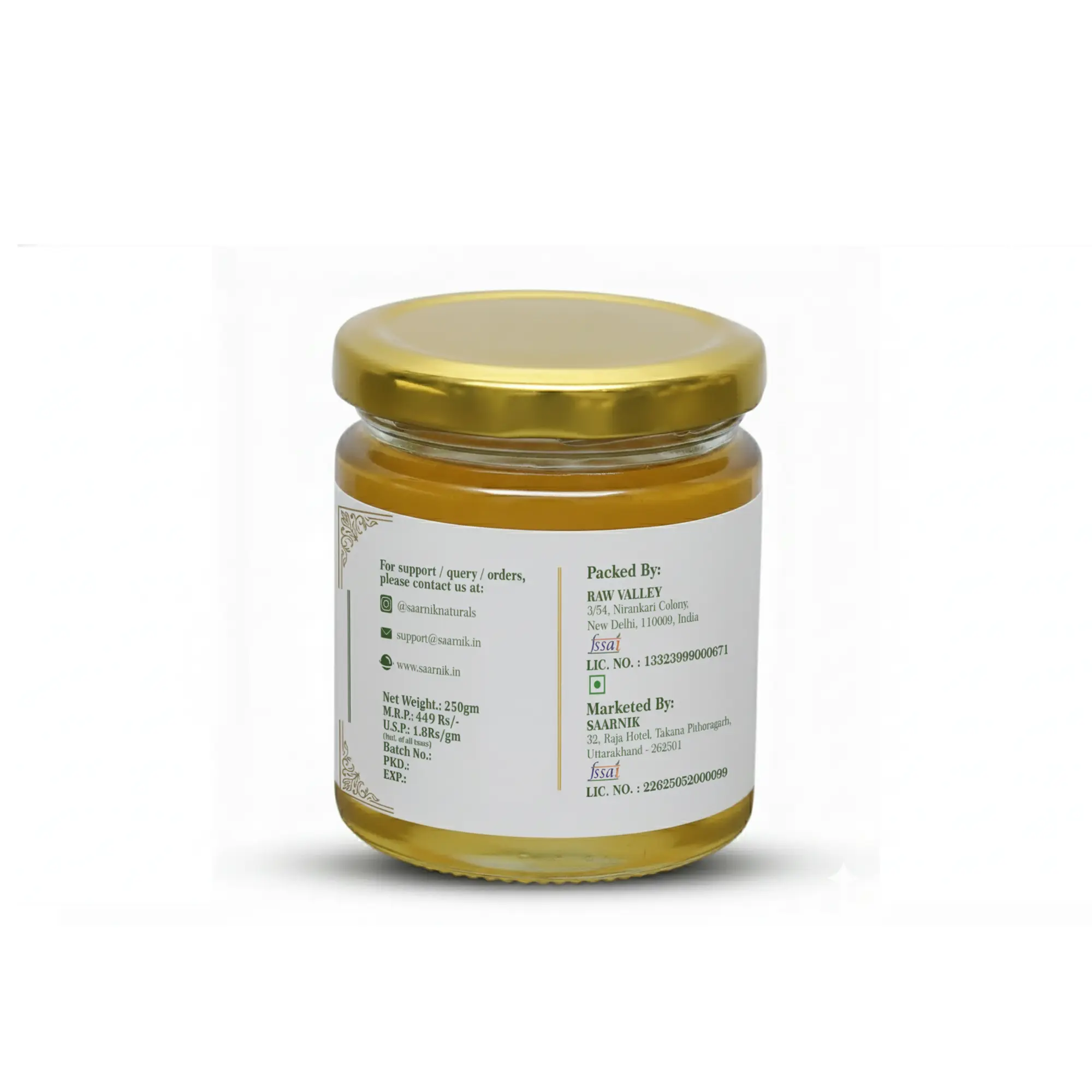 Saarnik Naturals Premium Raw Acacia Honey | Single Flower, Liquid 250gm Saarnik Naturals