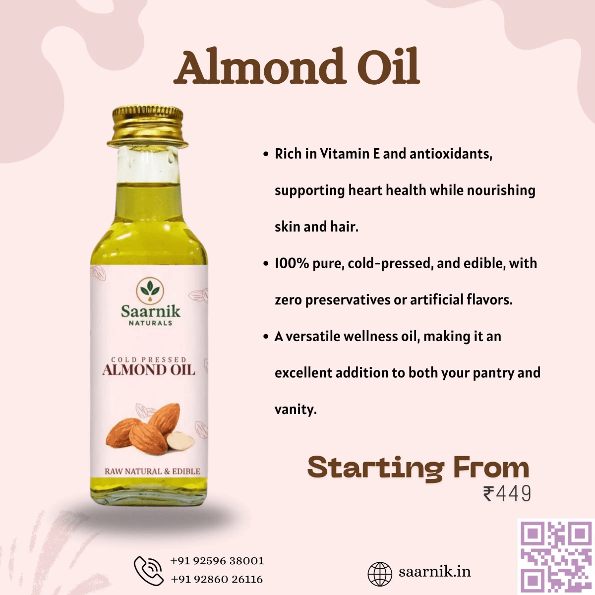 Almond Oil for Skin & Hair Growth | Cold Pressed Edible Oil | 100ml - Saarnik Naturals