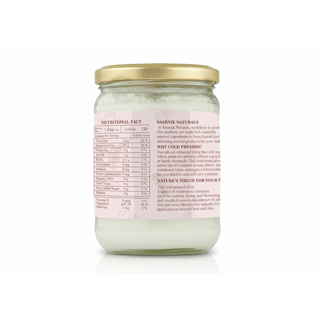 Extra Virgin Cold Pressed Coconut Oil - For Cooking, Hair & Skin - 500ml Saarnik Naturals