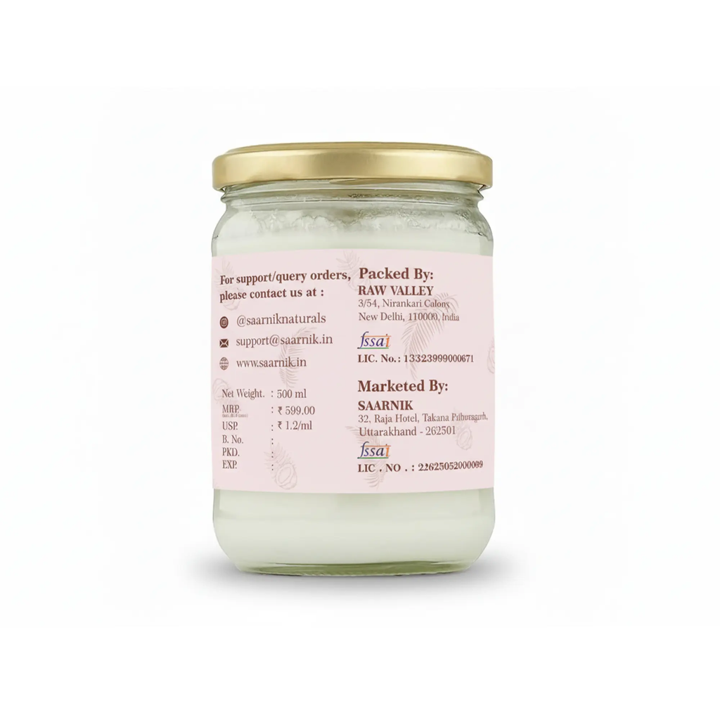 Extra Virgin Cold Pressed Coconut Oil - For Cooking, Hair & Skin - 500ml Saarnik Naturals