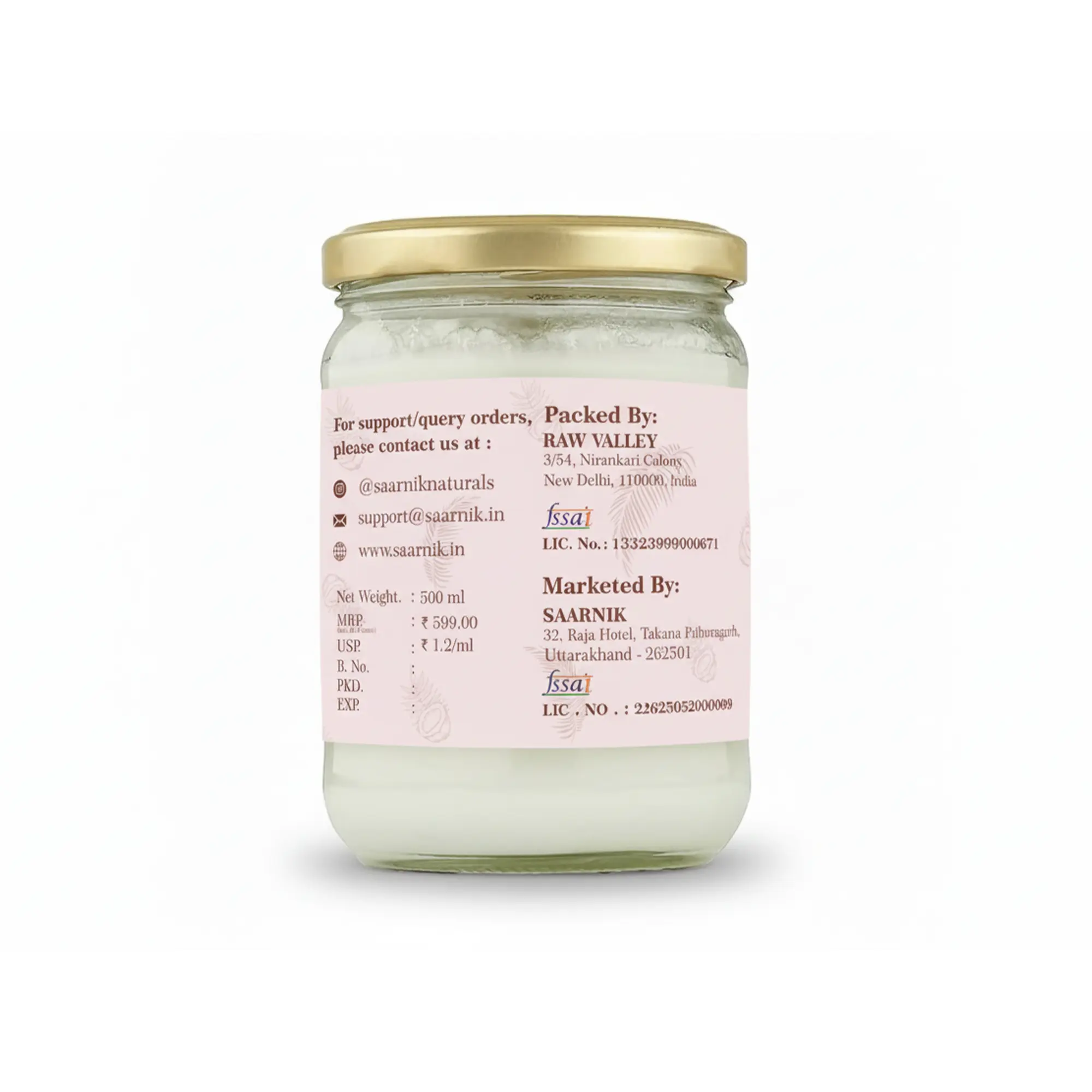 Extra Virgin Cold Pressed Coconut Oil - For Cooking, Hair & Skin - 500ml Saarnik Naturals