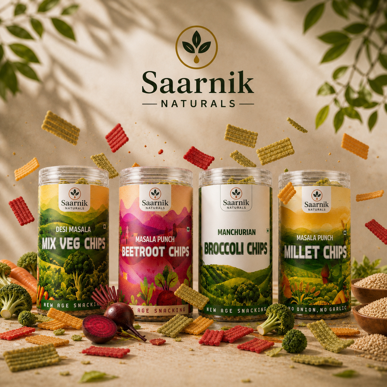 Saarnik Naturals Healthy Veg Chips Combo Pack of 4 | Beetroot, Broccoli, Millet & Mix Veg Chips 150g x 4