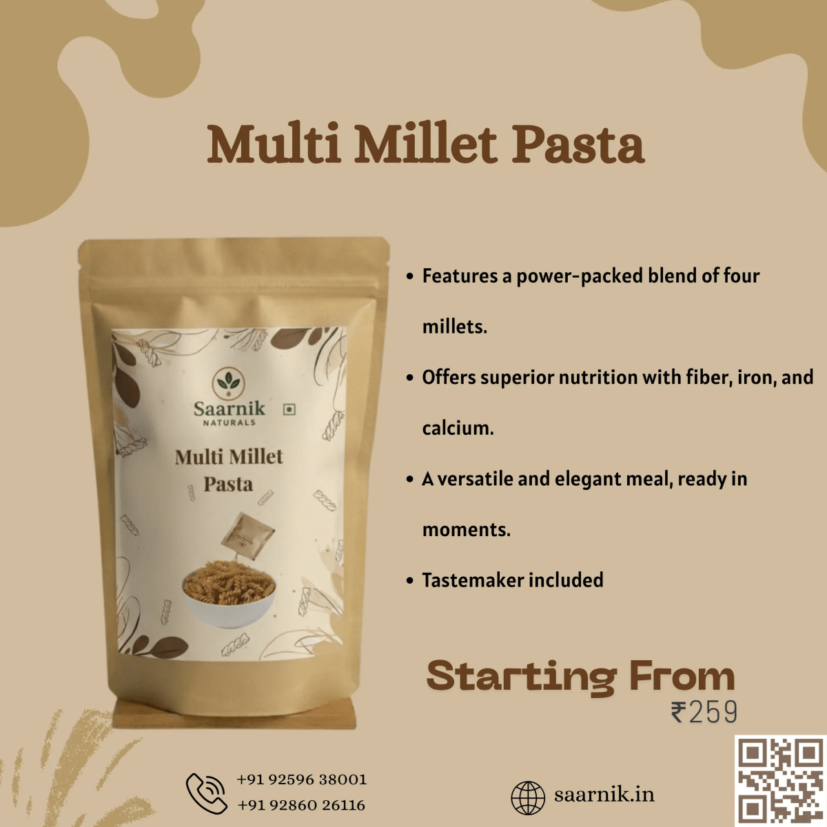 Multi Millet Pasta – No Maida, Blend of 4 Millets & Suji, High Fibre - Saarnik Naturals
