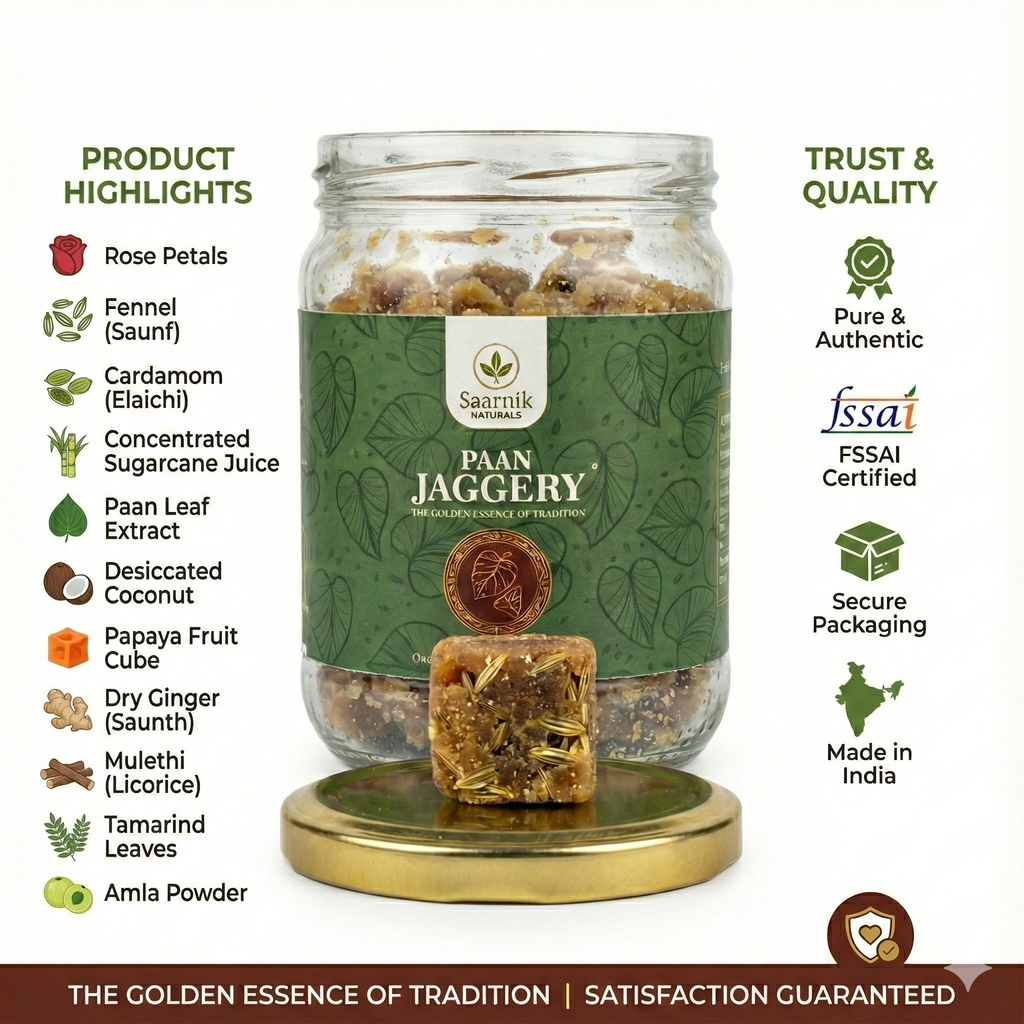 Saarnik Naturals Pan Jaggery, Traditional Brown, Organic Natural Sweetener, Solid Form, 400g Pack in Glass Jar