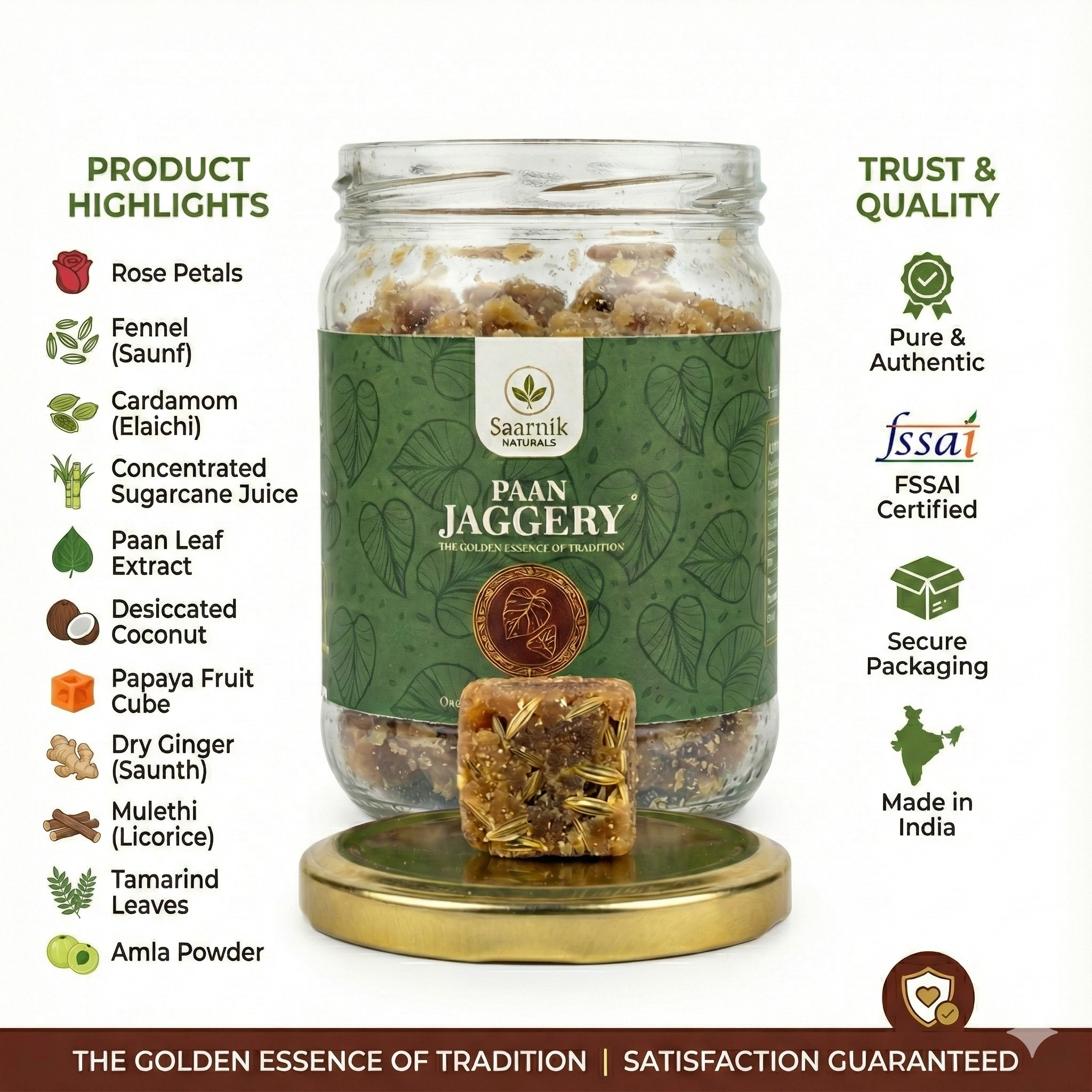 Saarnik Naturals Pan Jaggery, Traditional Brown, Organic Natural Sweetener, Solid Form, 400g Pack in Glass Jar