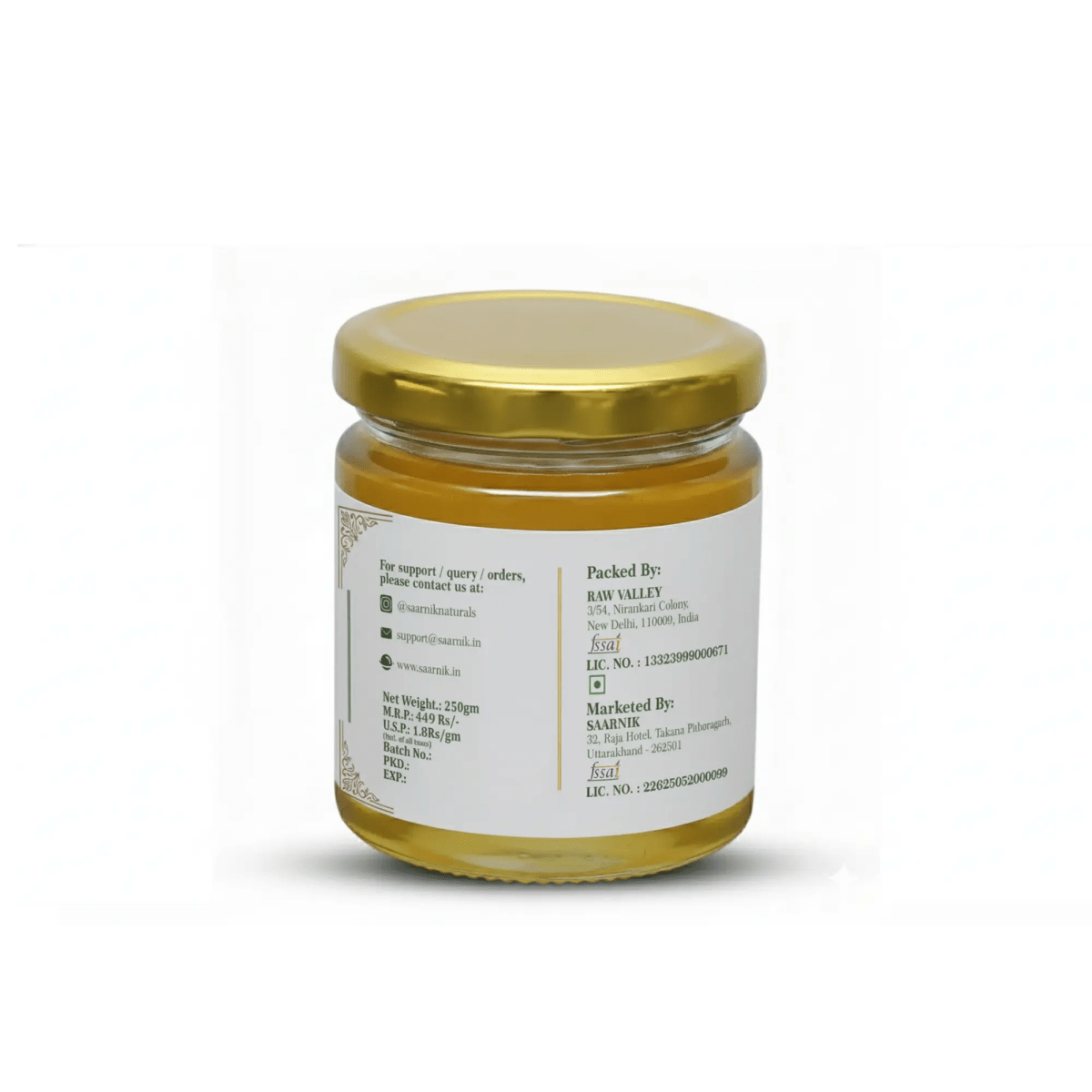 Saarnik Naturals Premium Raw Acacia Honey | Single Flower, Liquid 250gm - Saarnik Naturals
