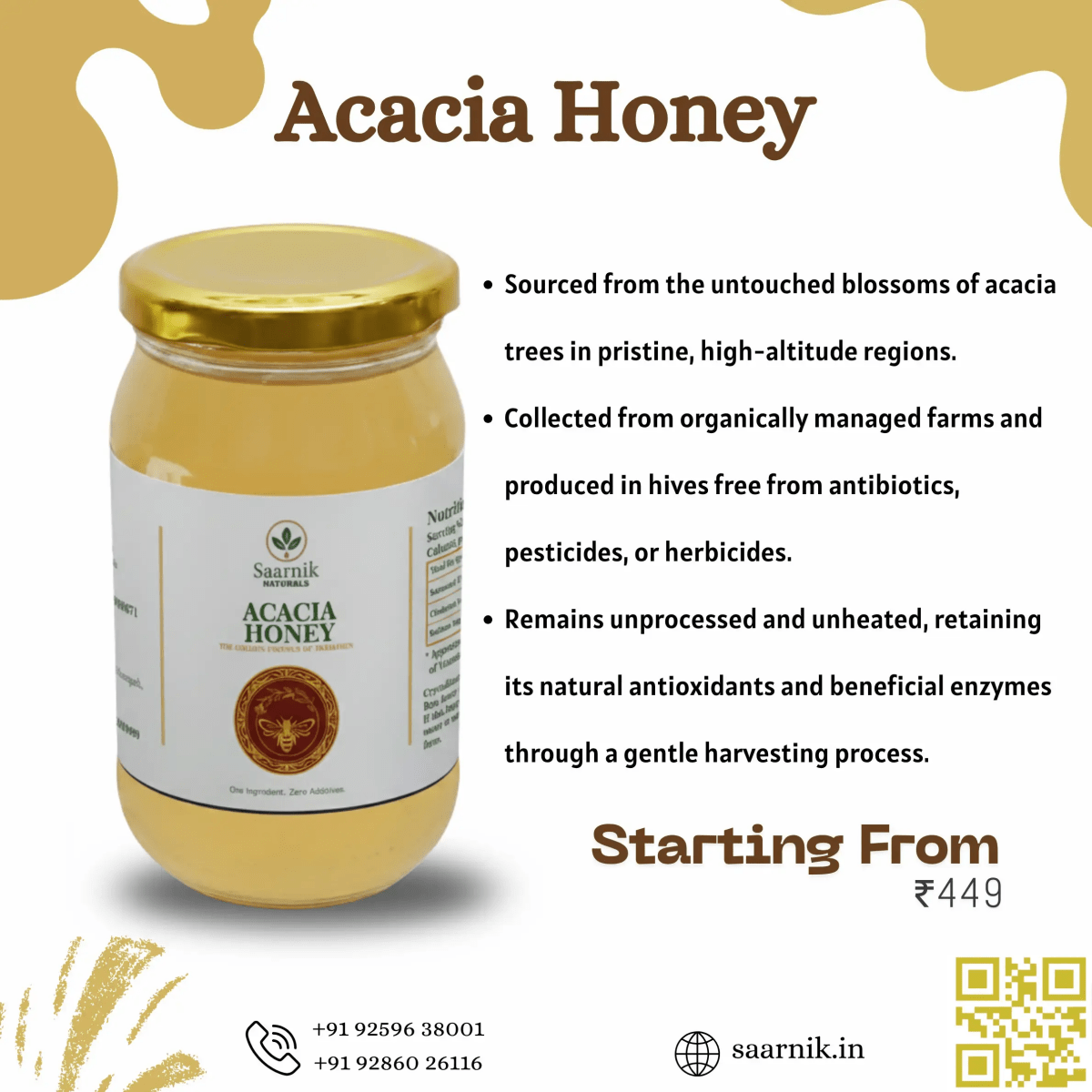 Saarnik Naturals Premium Raw Acacia Honey | Single Flower, Liquid 500gm - Saarnik Naturals